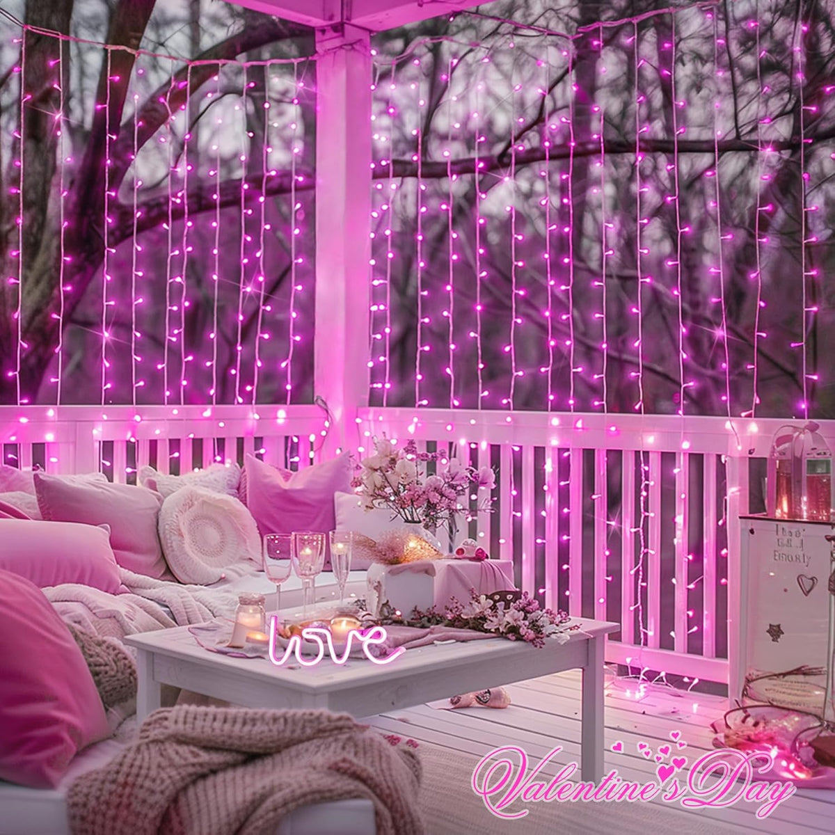 300 LED Curtain Lights, Pink String Lights for Bedroom, 9.8X9.8 Ft