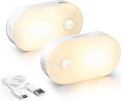 Rechargeable Battery Night Light with Motion Sensor, Portable Mini Warm White LED Stick-On Closet Light, Adjustable Brightness for Bathroom, Bedroom, Kitchen, Cabinet, Stairs, Hallway, 2-Pack
