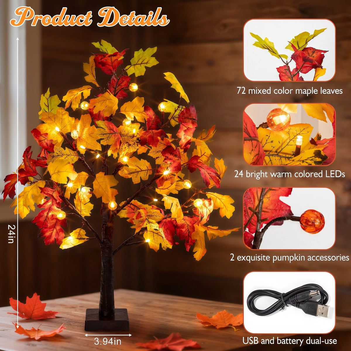 Fall Decorations for Home, 25" 24 LED Artificial Fall Maple Leaves Table Tree with Pumpkins Lights Indoor Wedding Party Autumn Thanksgiving Decor