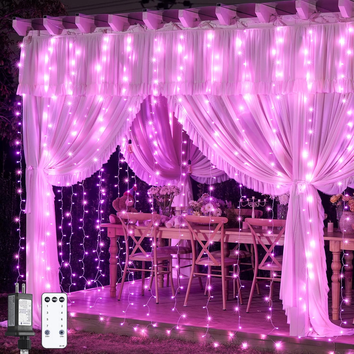 300 LED Curtain Lights, Pink String Lights for Bedroom, 9.8X9.8 Ft
