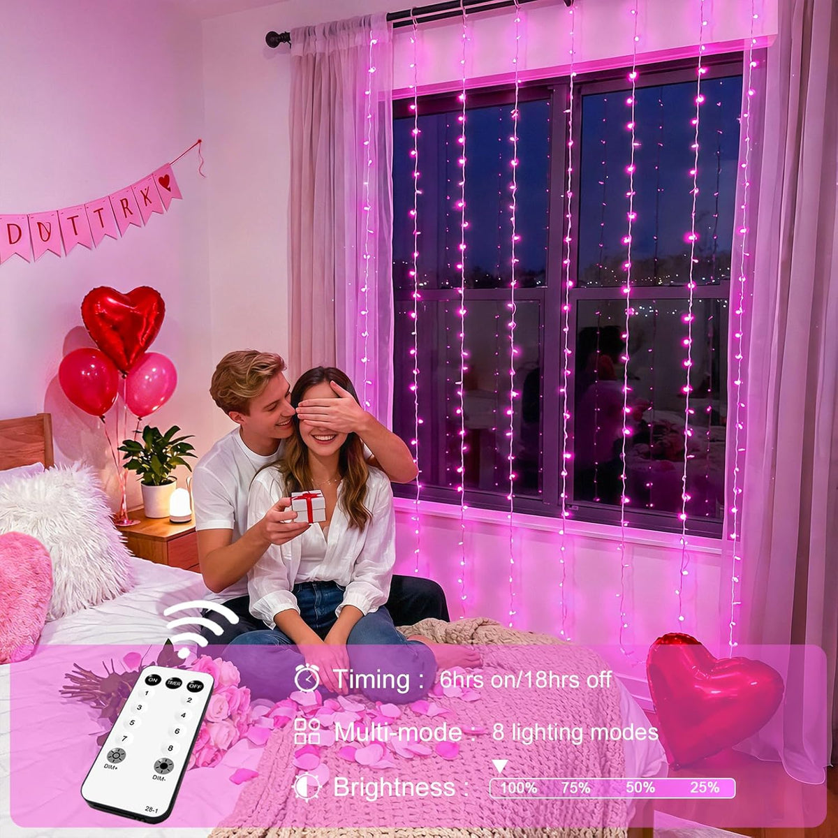 300 LED Curtain Lights, Pink String Lights for Bedroom, 9.8X9.8 Ft
