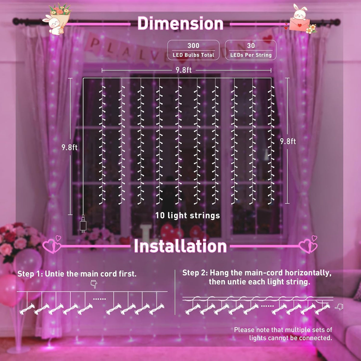 300 LED Curtain Lights, Pink String Lights for Bedroom, 9.8X9.8 Ft