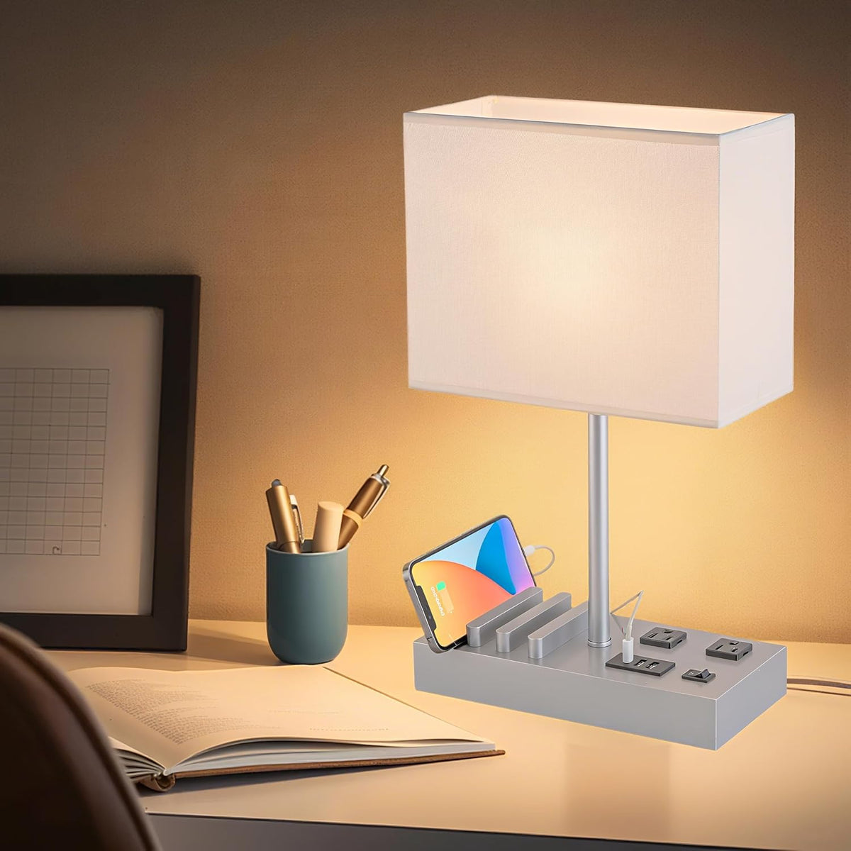Bedside Table Lamp with 3 USB Charging Ports, 2 AC Outlets and 3 Phone Stands, Modern USB Desk Lamp with Silver Wooden Base