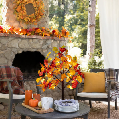 Fall Decorations for Home, 25" 24 LED Artificial Fall Maple Leaves Table Tree with Pumpkins Lights Indoor Wedding Party Autumn Thanksgiving Decor