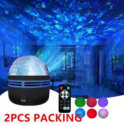 LED Starry Galaxy Ocean Wave Projector RGB Smart Remote Control Lamp KTV USB Christmas Lights Auto Rotate for Home Bedroom Decor