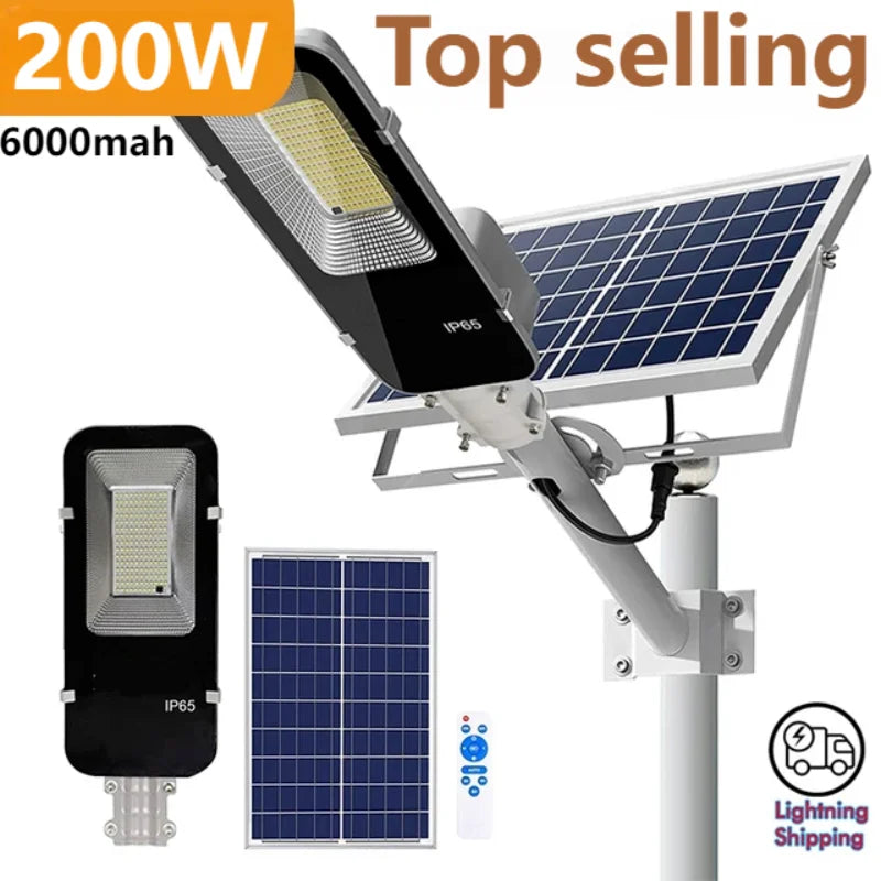 200W Powerful Solar Light Outdoor Solar Street Light 6000Mah Waterproof Automatic Dusk to Dawn Street Light for Garage Garden