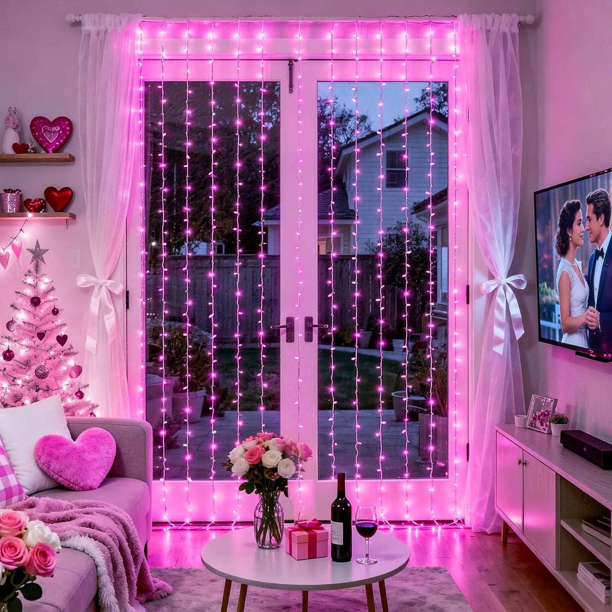300 LED Curtain Lights, Pink String Lights for Bedroom, 9.8X9.8 Ft