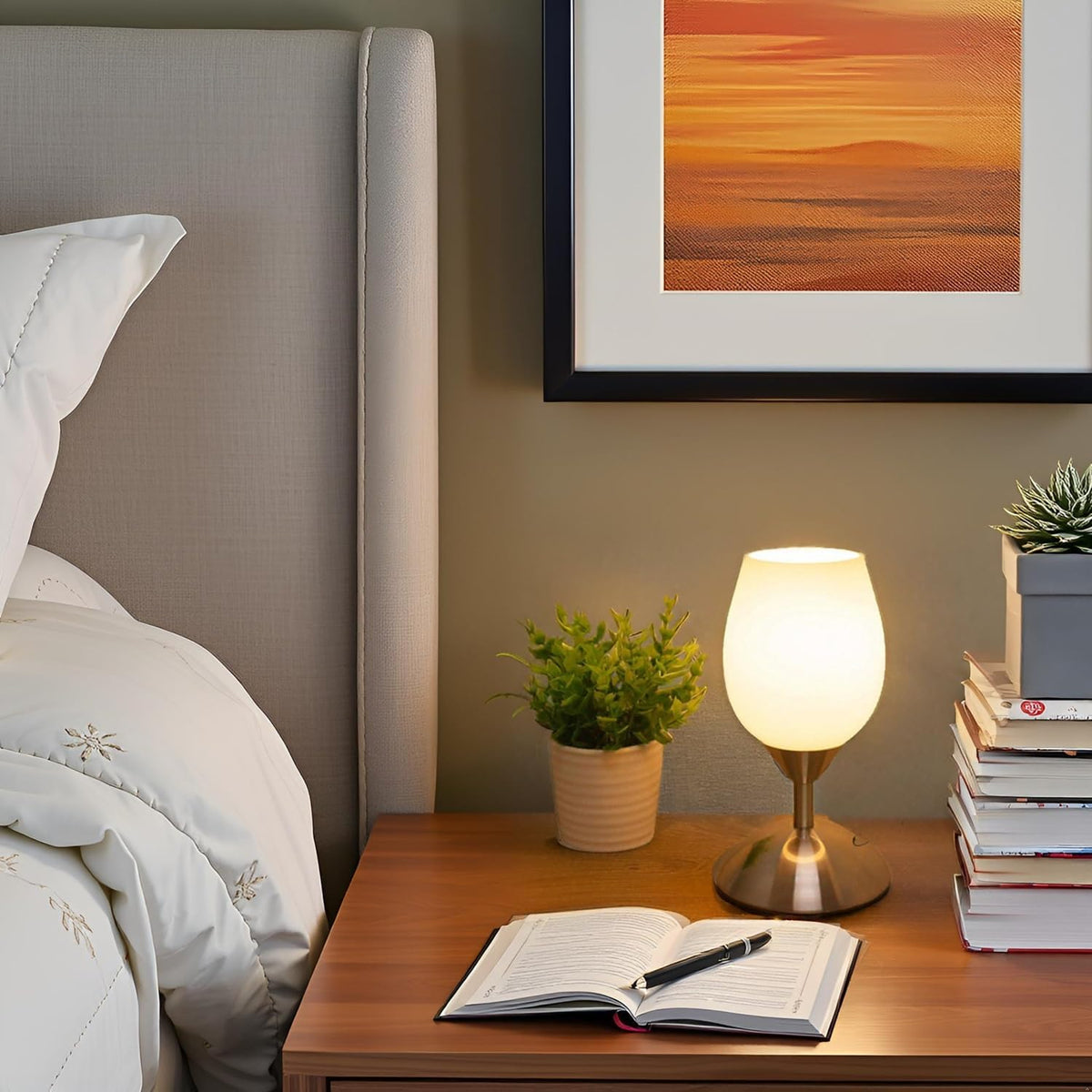 Small Touch Lamp for Bedroom Nightstand, 3-Way Dimmable Bedside Lamps Opal Glass Desk Lamp Silver Base, Tiny Table Lamp for Small Spaces Ambient Lighting for Living Room, E12 Bulb Included