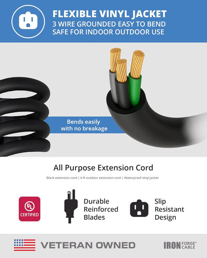 2 Pack of 6 Ft Outdoor Extension Cords - 16/3 Heavy Duty Black Extension Cord Pack