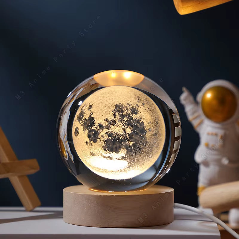 Unique 3D Crystal Ball Night Light Led Lamp Bedside Table Glowing Galaxy Lamp Saturn Planets Moon Birthday Gift Toy 5Cm