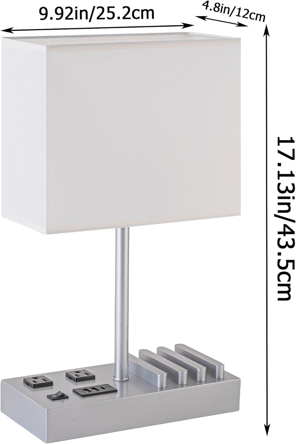 Bedside Table Lamp with 3 USB Charging Ports, 2 AC Outlets and 3 Phone Stands, Modern USB Desk Lamp with Silver Wooden Base