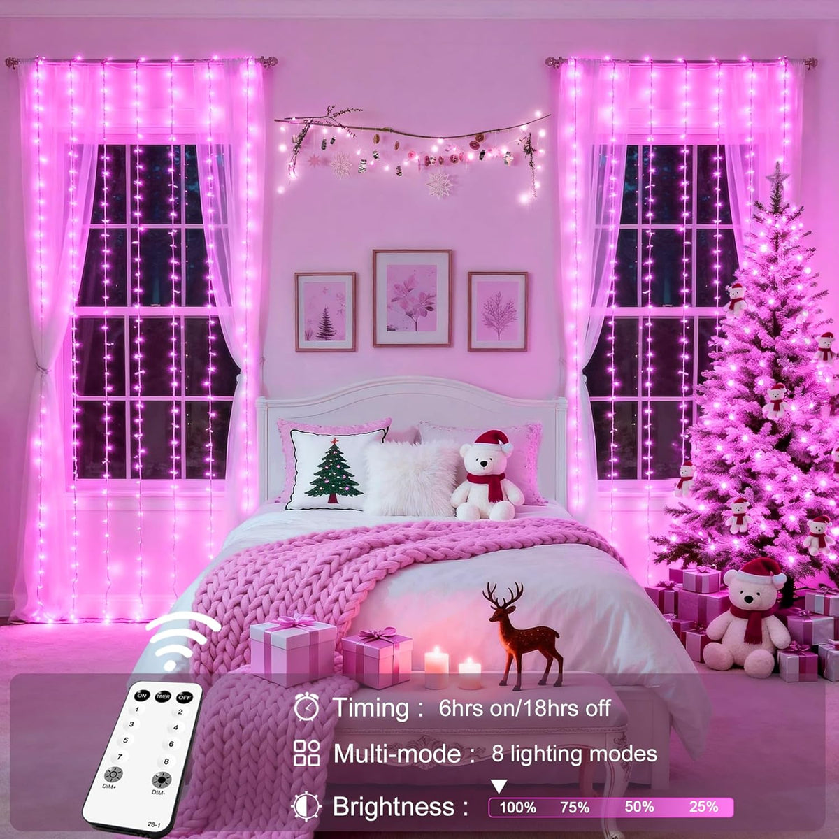 300 LED Curtain Lights, Pink String Lights for Bedroom, 9.8X9.8 Ft